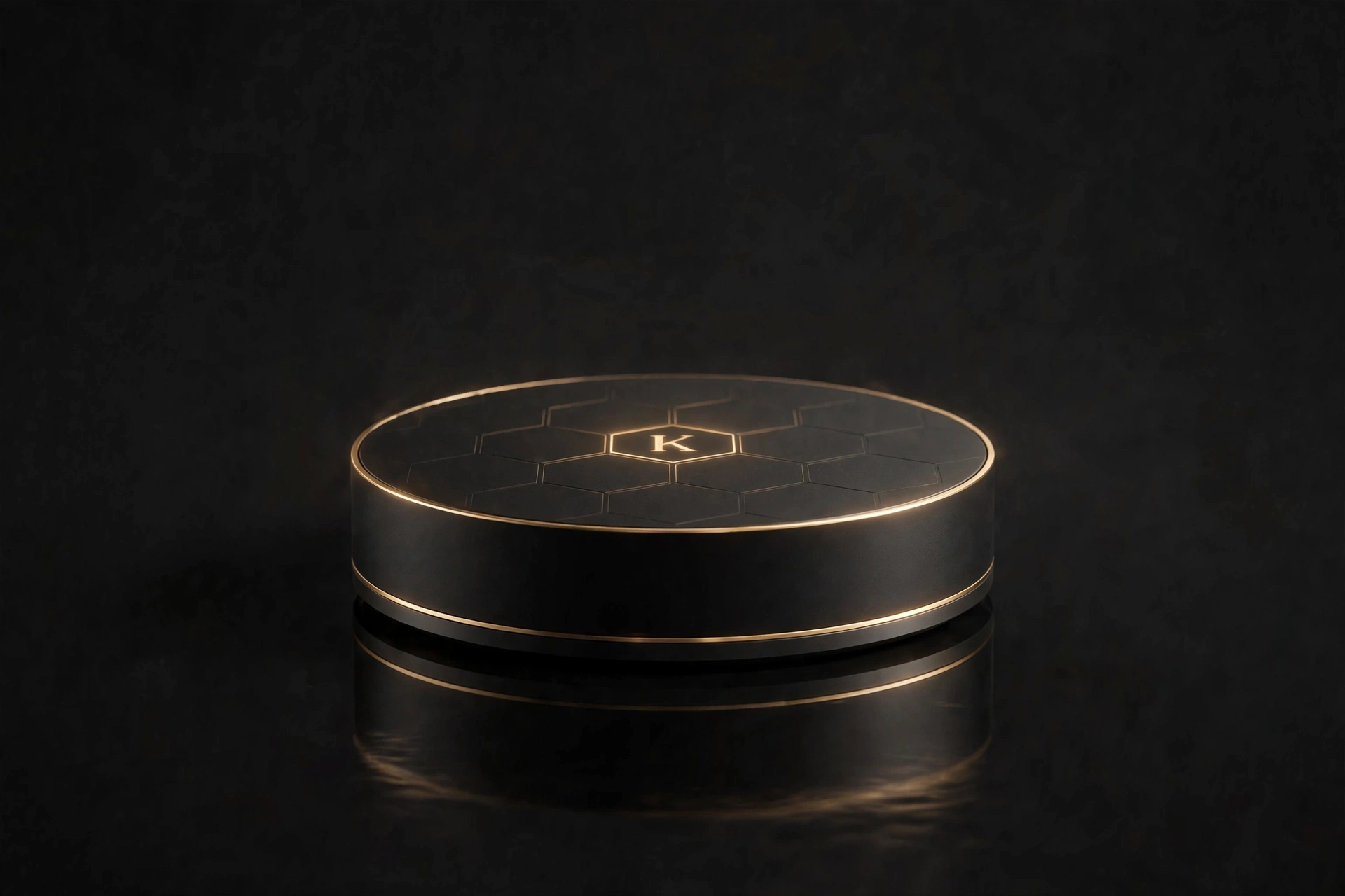 Root, the KORE ROOT foundation hub: a matte black disc with hexagonal K emblem and gold trim