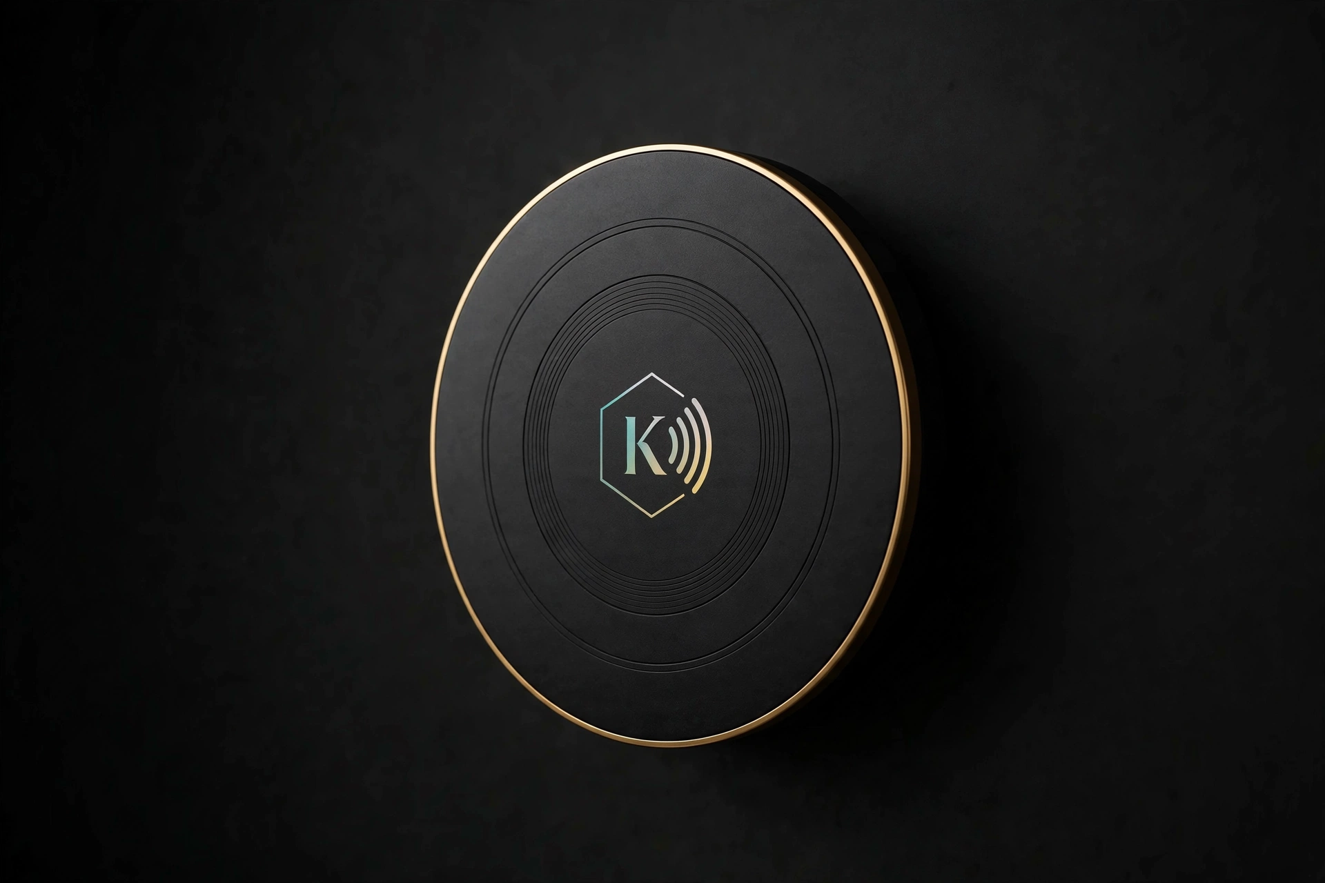 Seed Sense design render: a round wall sensor with K emblem and signal arcs