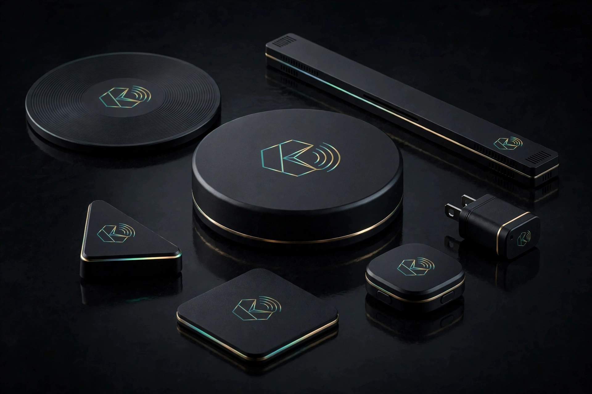 The Kore system lineup design render: Root hub, Seed sensors, and Seed Air bar on a dark surface