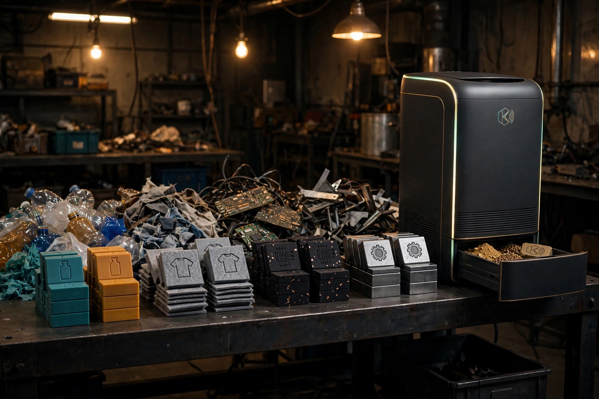 The Kore Ore family: four stamped ore block stacks on a steel table beside the KoreBin, with their raw source materials piled behind them, concept visualization, pre-prototype