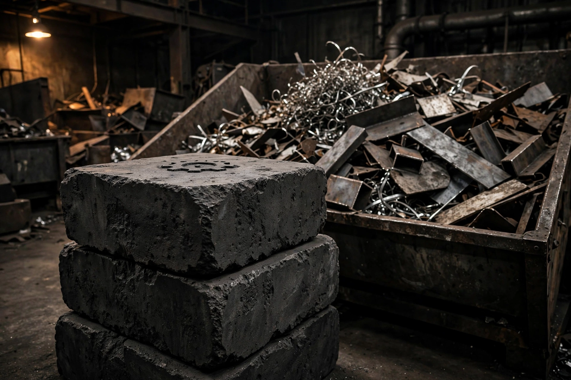 Metal Kore Ore Blocks stamped with a gear icon, scrap iron, steel offcuts, and shavings in a bin behind them, concept visualization, pre-prototype