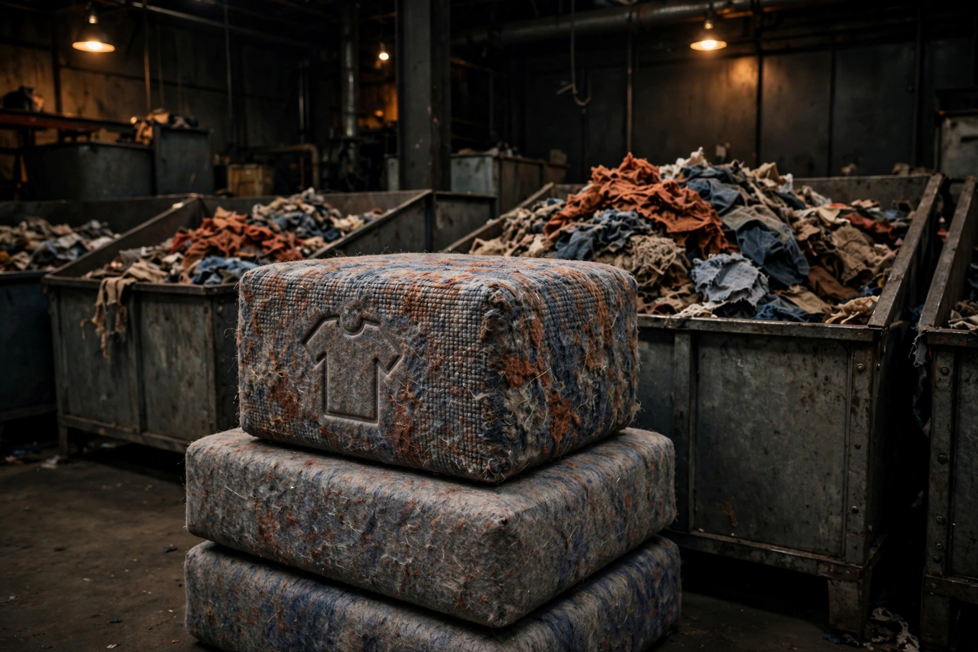 Textile Kore Ore Blocks stamped with a shirt icon, shredded clothing and fabric waste in bins behind them, concept visualization, pre-prototype