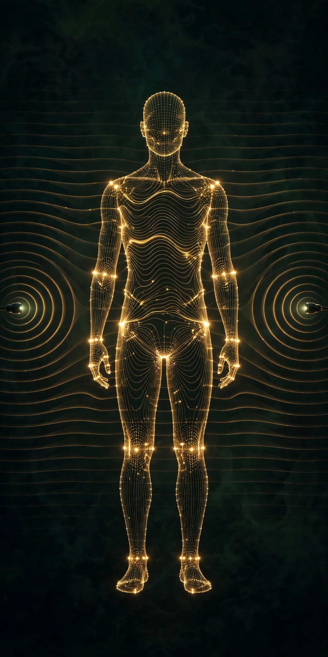 Professional visualization of a person rendered as a glowing presence field between two sensing nodes