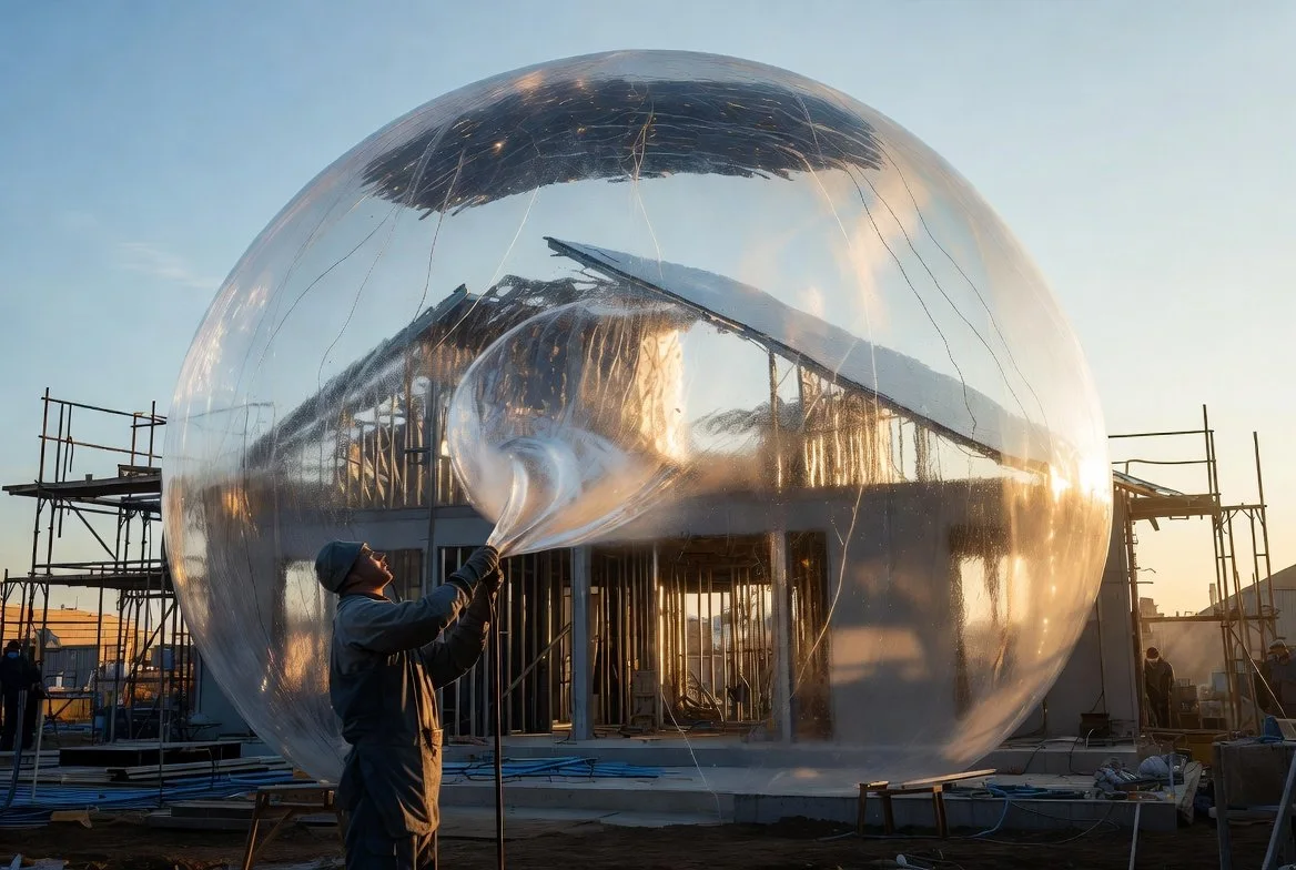 Inflating the airform for a Kore Structures dome, concept visualization