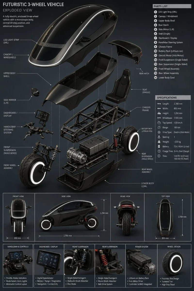 Kore three-wheel electric vehicle, parts and specifications concept sheet